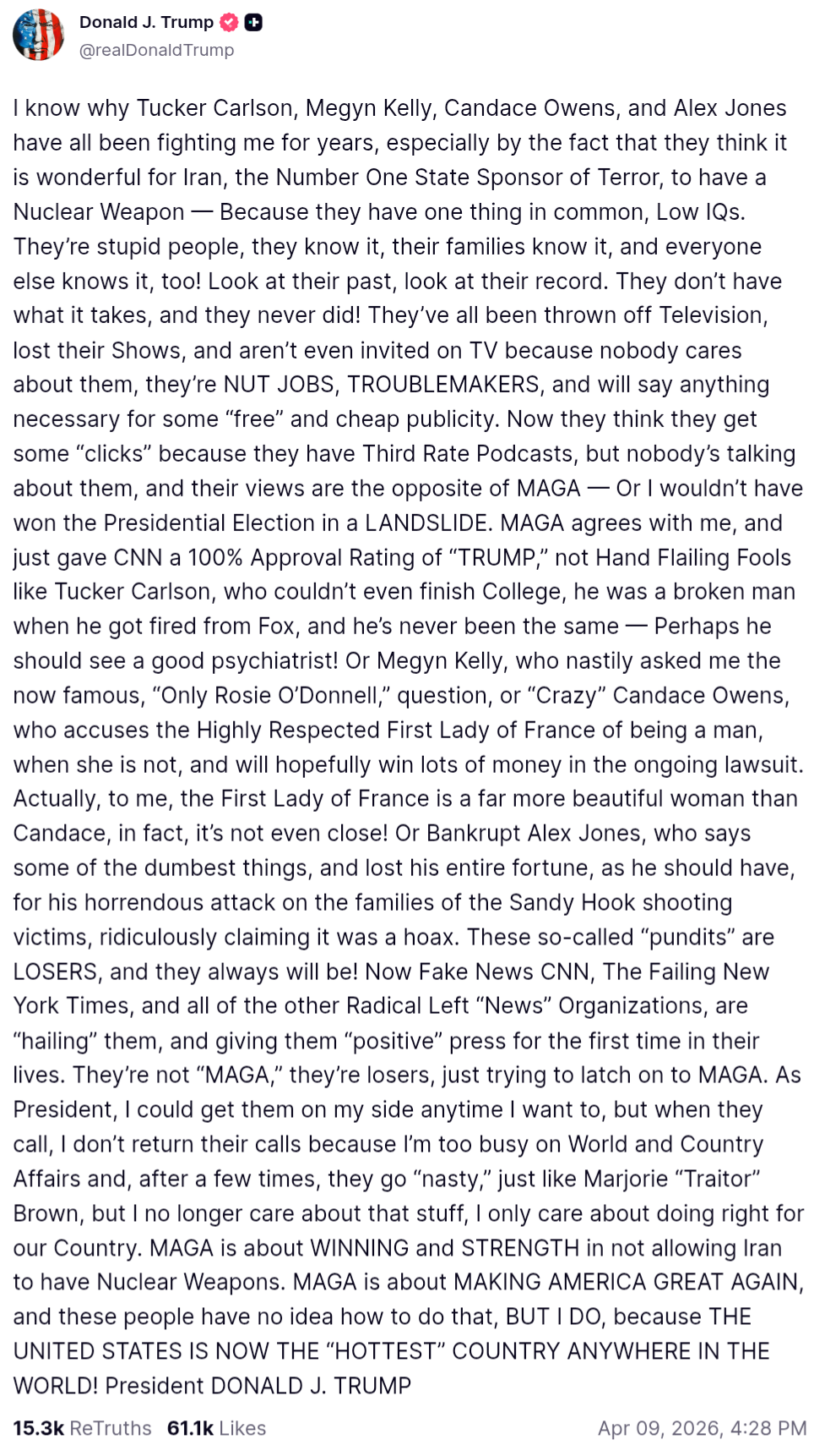 Donald Trump attacks Tucker Carlson, Megyn Kelly, Candace Owens, and Alex Jones on Truth Social - April 9, 2026.png
