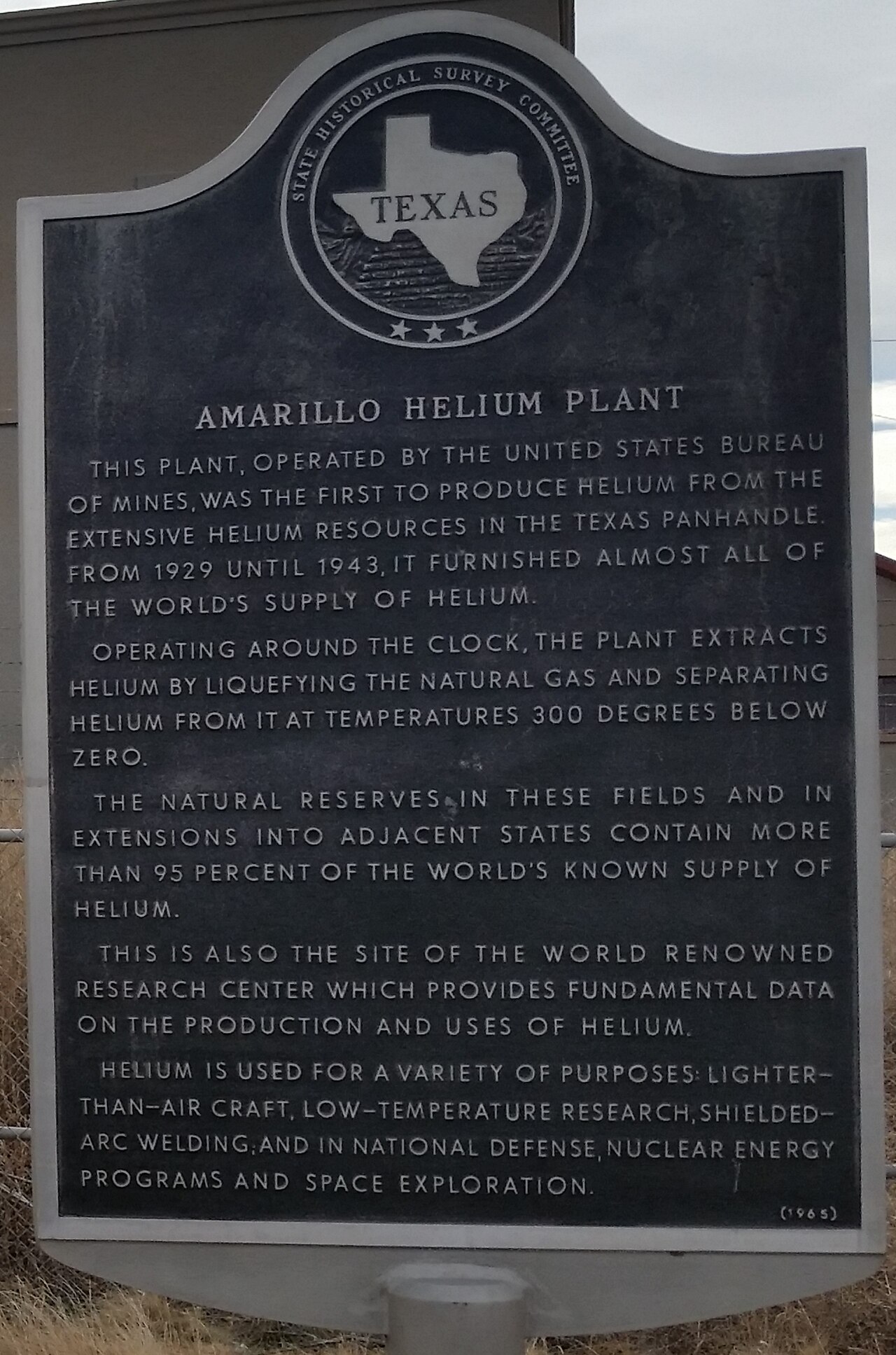 Texas State Historical Survey Committee sign erected in 1965 detail, Amarillo Helium Plant (cropped).jpg