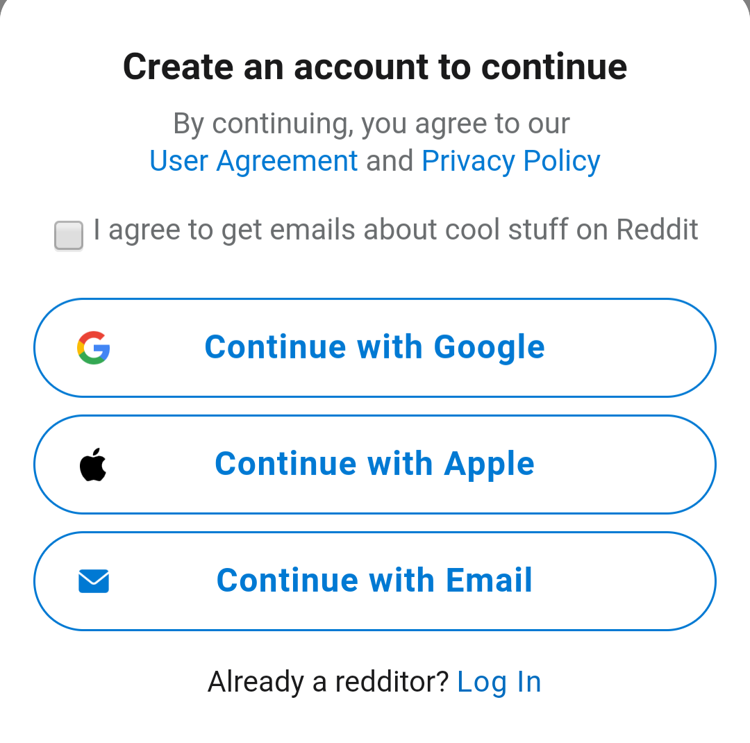 Reddit account registration options ('Create an account to continue') 2020.png