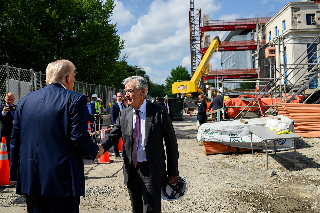 President Donald Trump speaks to Fed Chair Jerome Powell during a tour of the Federal Reserve (54678891208).jpg