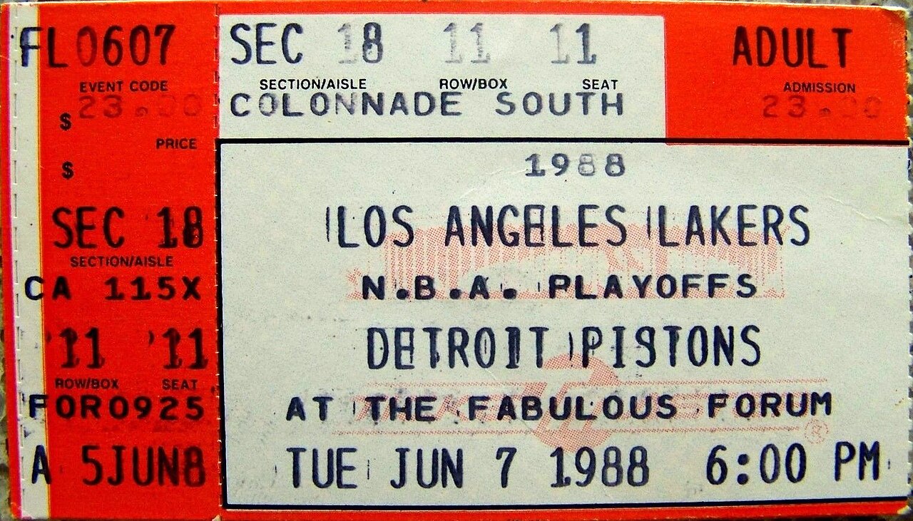 1988 NBA Finals - Game 1 - Detroit Pistons at Los Angeles Lakers 1988-06-07 (ticket).JPG