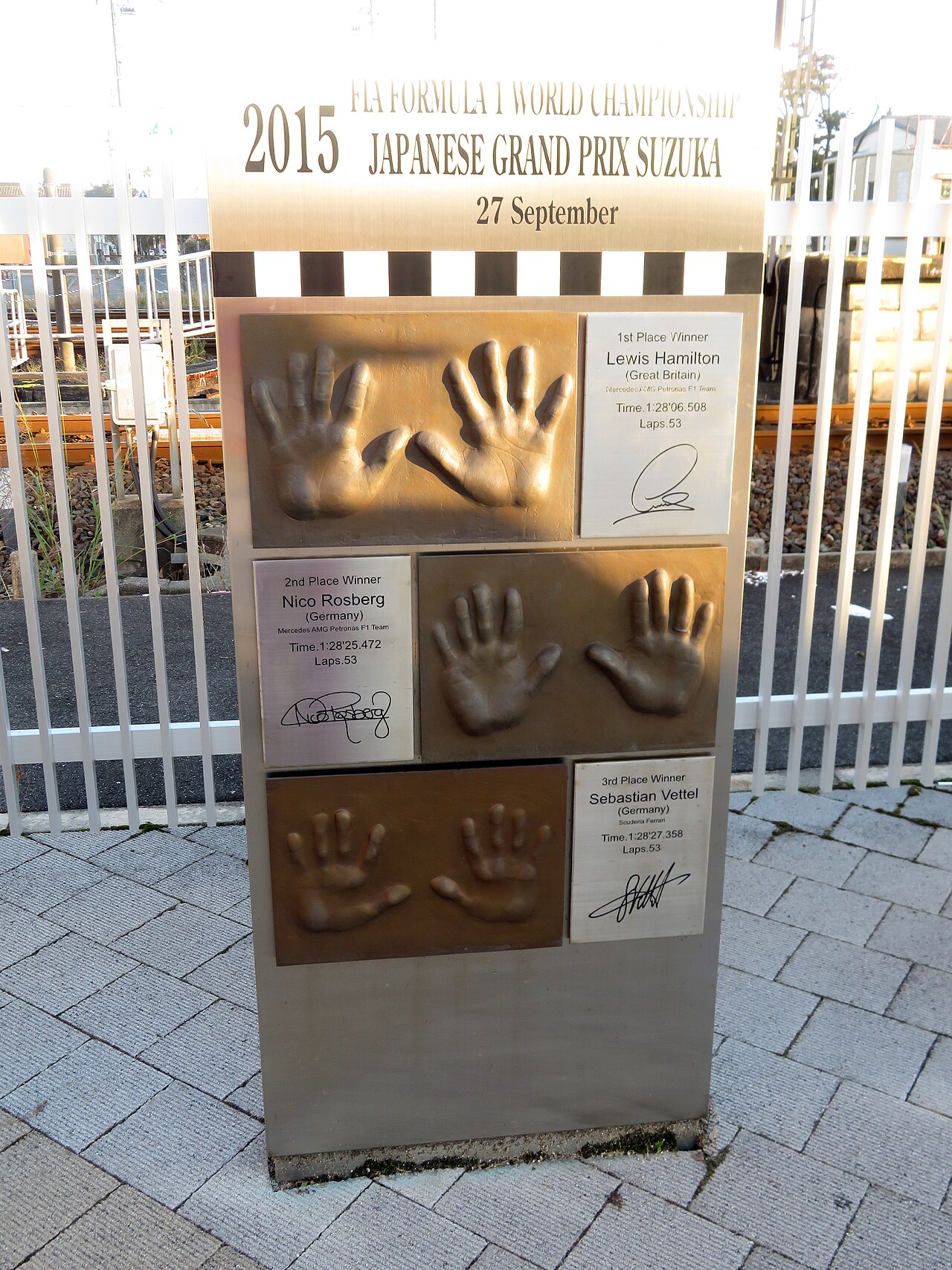 The handprint reliefs of 2015 FIA Formula One World Championship JAPANESE GRAND PRIX SUZUKA drivers' in front of Kintetsu Shiroko station.jpg
