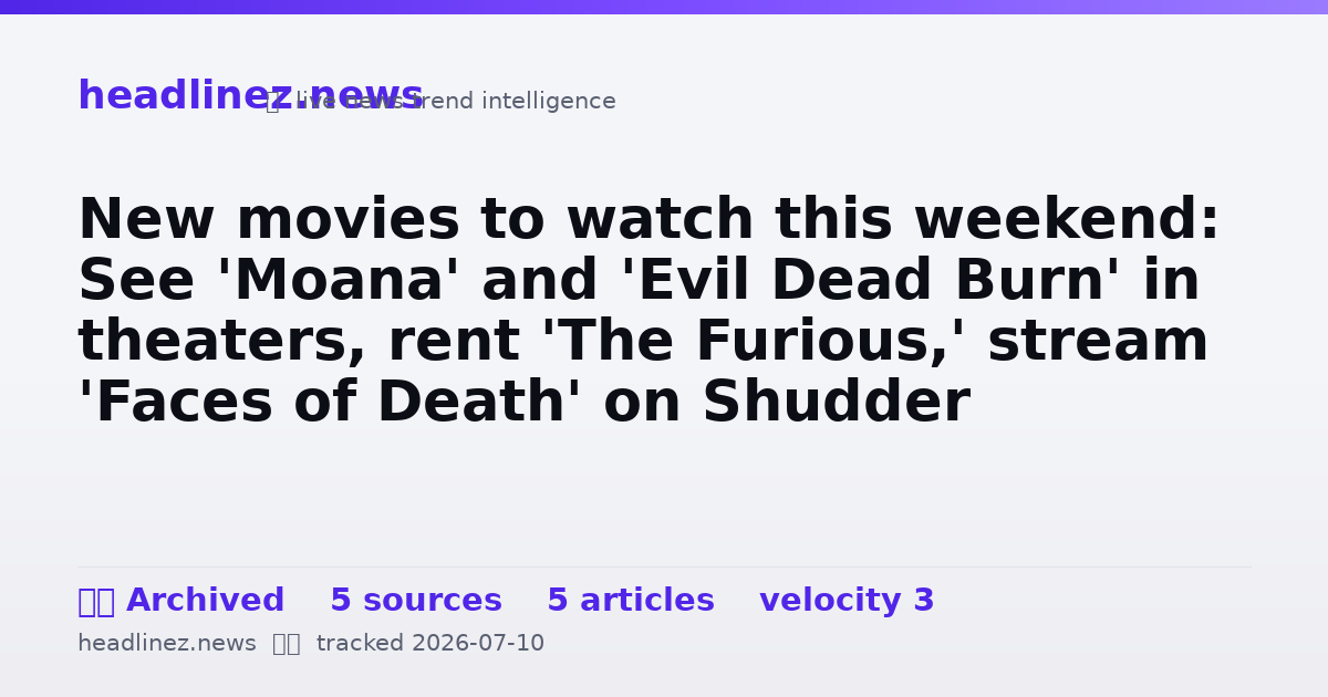 Visual summary for New movies to watch this weekend: See 'Moana' and 'Evil Dead Burn' in theaters, rent 'The Furious,' stream 'Faces of Death' on Shudder