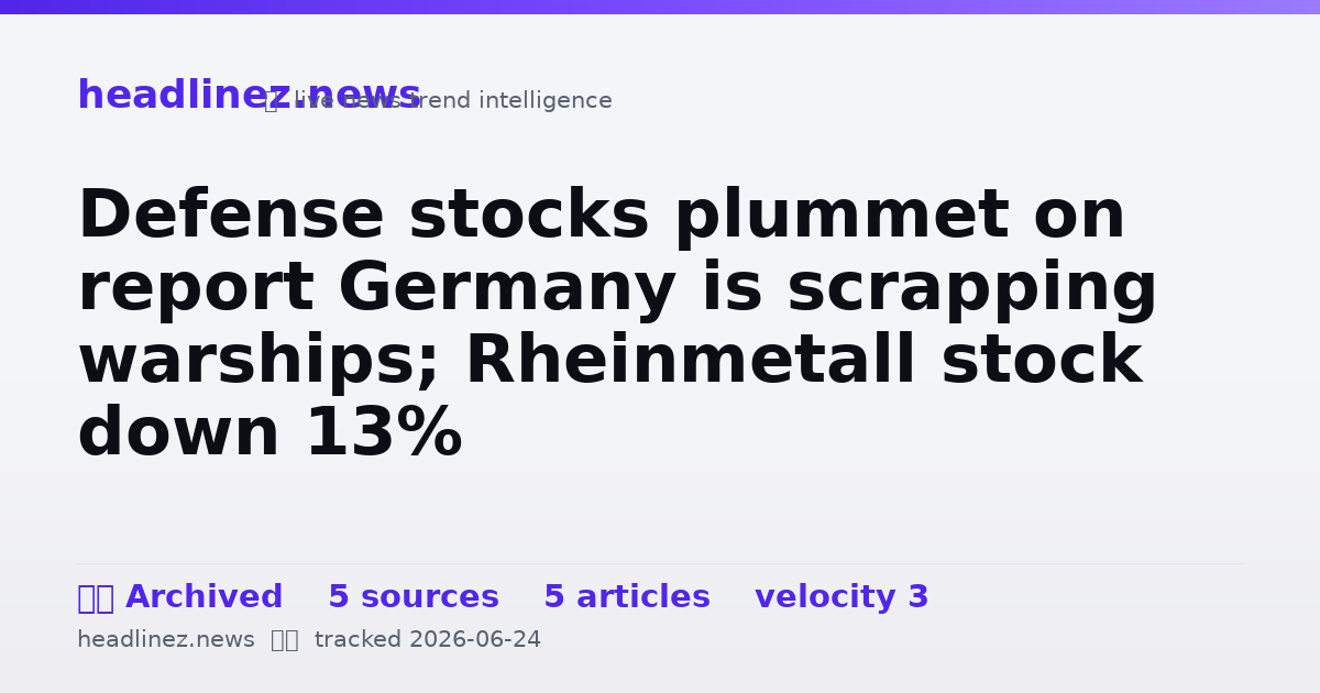 Visual summary for Defense stocks plummet on report Germany is scrapping warships; Rheinmetall stock down 13%