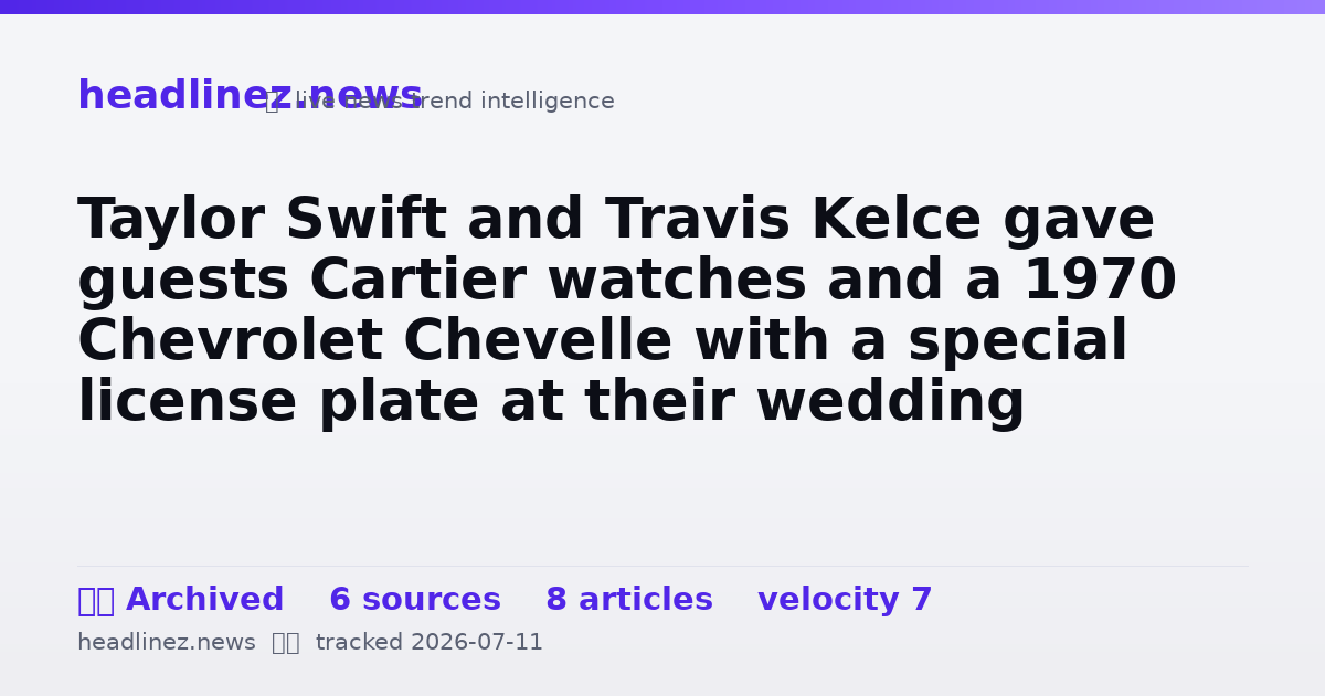 Visual summary for Taylor Swift and Travis Kelce gave guests Cartier watches and a 1970 Chevrolet Chevelle with a special license plate at their wedding
