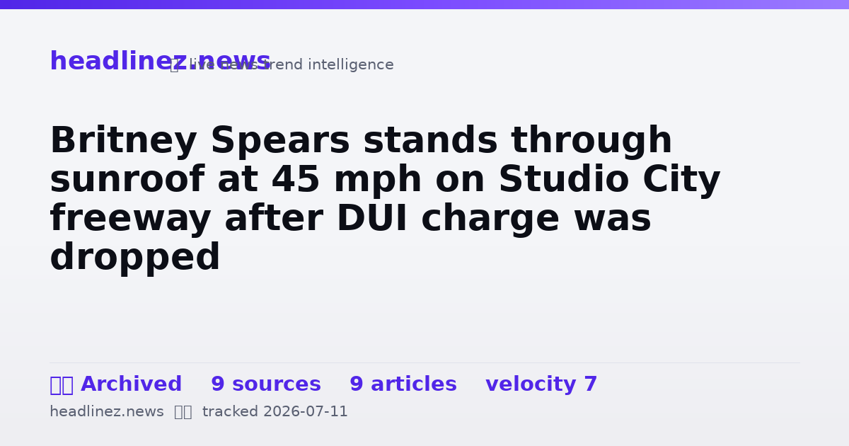 Visual summary for Britney Spears stands through sunroof at 45 mph on Studio City freeway after DUI charge was dropped