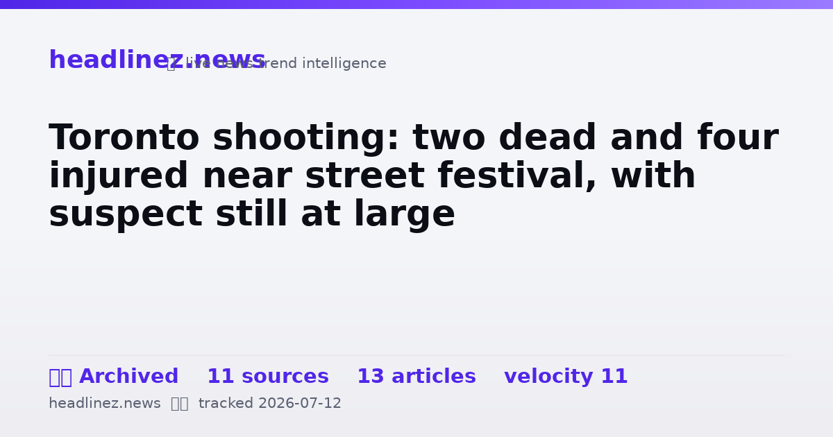 Visual summary for Toronto shooting: two dead and four injured near street festival, with suspect still at large