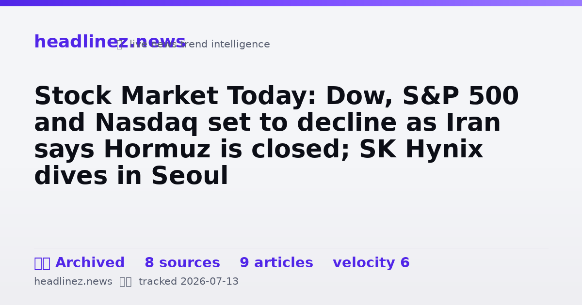 Visual summary for Stock Market Today: Dow, S&P 500 and Nasdaq set to decline as Iran says Hormuz is closed; SK Hynix dives in Seoul