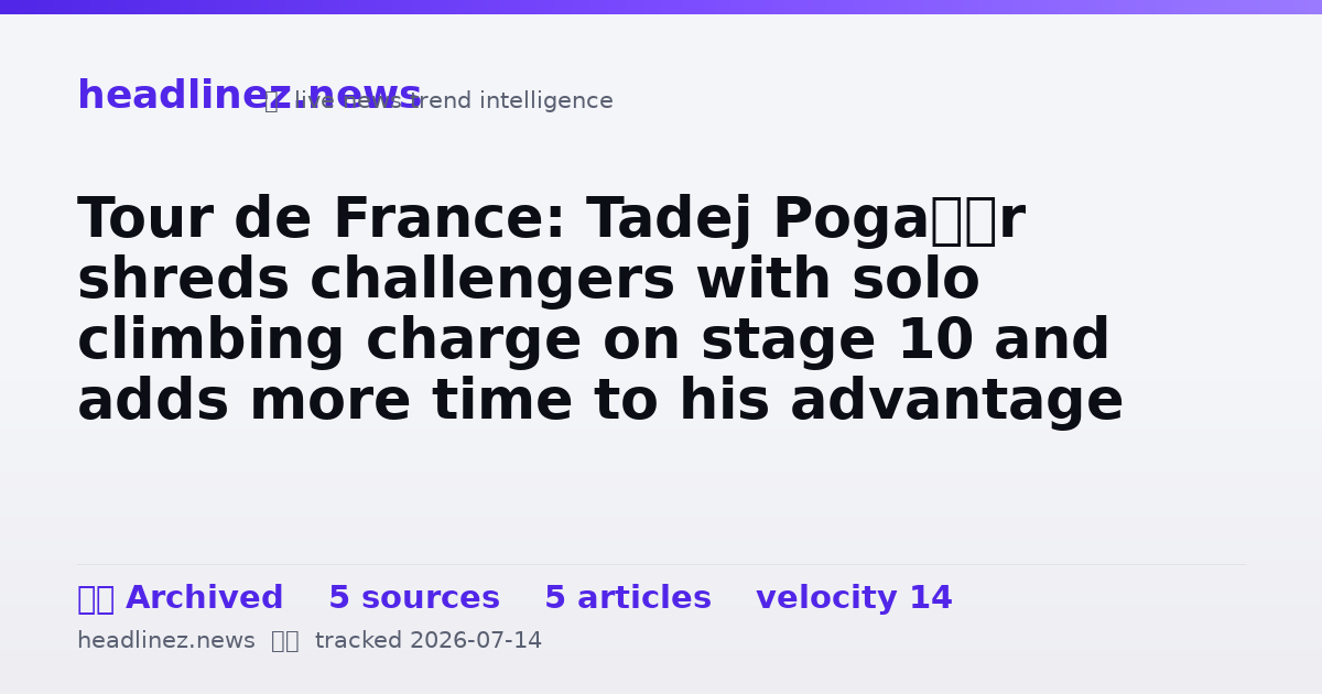 Visual summary for Tour de France: Tadej Pogačar shreds challengers with solo climbing charge on stage 10 and adds more time to his advantage with victory