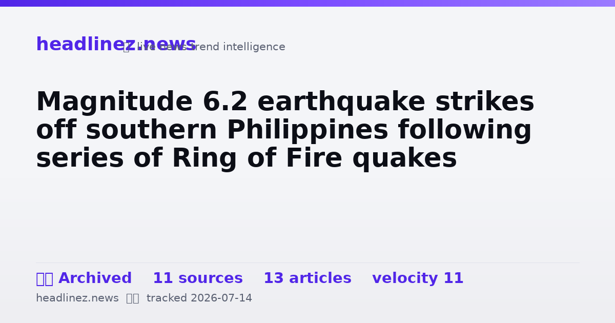 Visual summary for Magnitude 6.2 earthquake strikes off southern Philippines following series of Ring of Fire quakes
