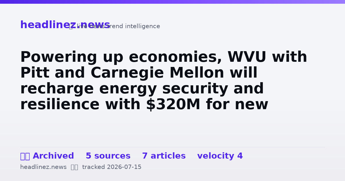 Visual summary for Powering up economies, WVU with Pitt and Carnegie Mellon will recharge energy security and resilience with $320M for new technology, AI, infrastructure, and jobs