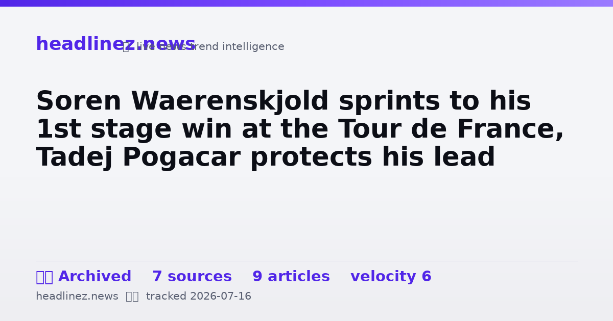 Visual summary for Soren Waerenskjold sprints to his 1st stage win at the Tour de France, Tadej Pogacar protects his lead