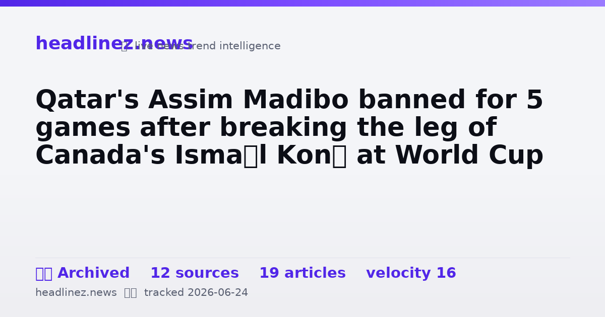 Visual summary for Qatar's Assim Madibo banned for 5 games after breaking the leg of Canada's Ismaël Koné at World Cup