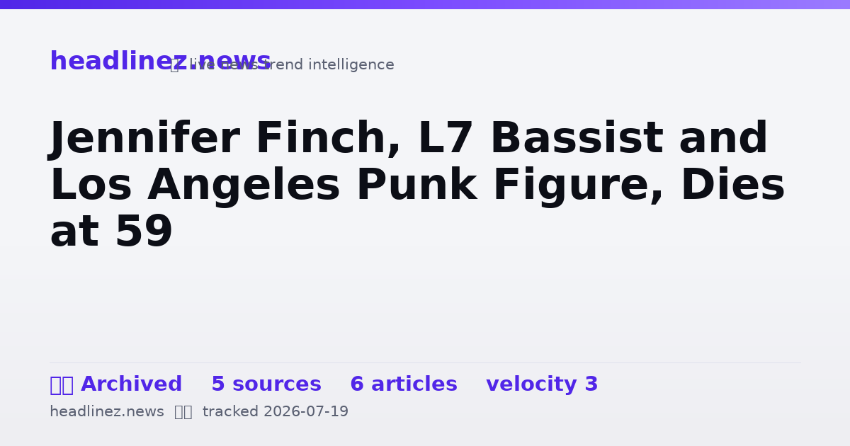 Visual summary for Jennifer Finch, L7 Bassist and Los Angeles Punk Figure, Dies at 59
