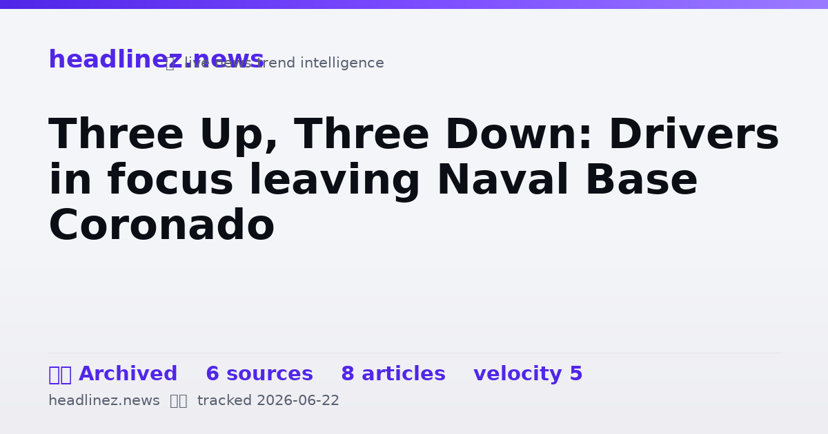 Visual summary for Three Up, Three Down: Drivers in focus leaving Naval Base Coronado