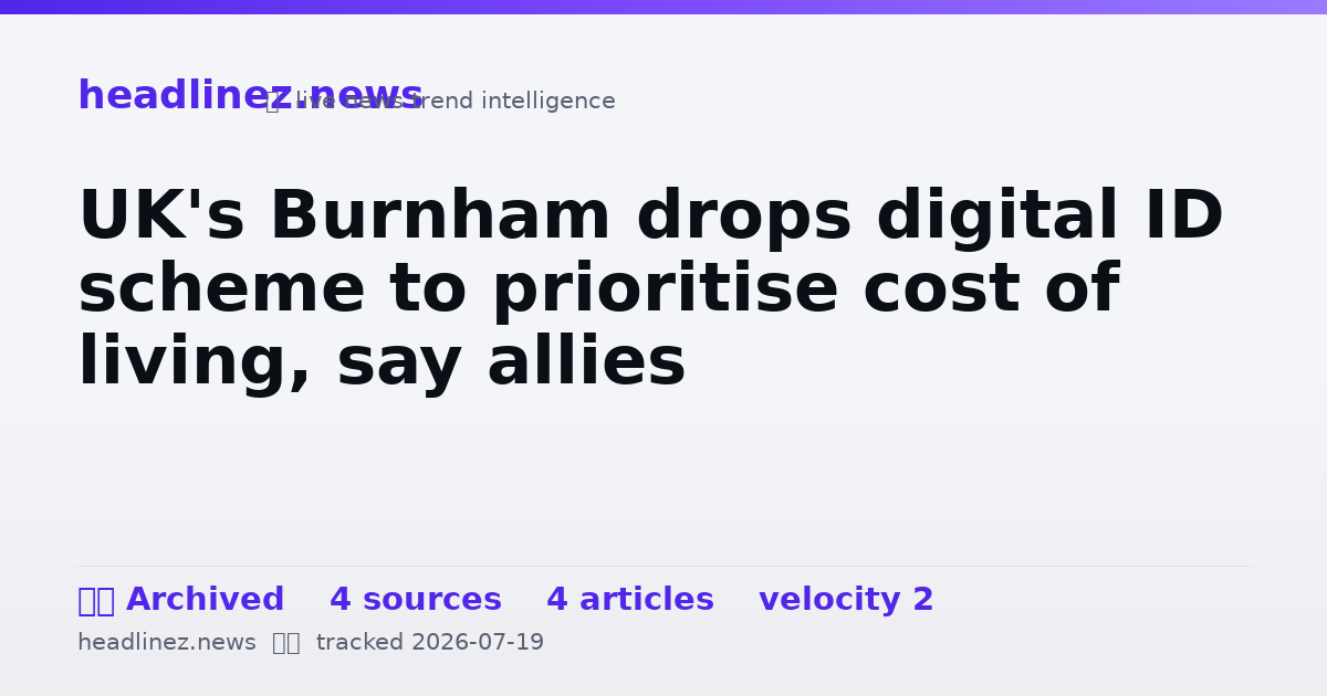 Visual summary for UK's Burnham drops digital ID scheme to prioritise cost of living, say allies