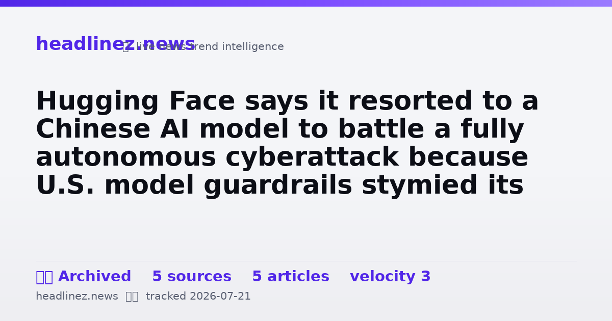 Visual summary for Hugging Face says it resorted to a Chinese AI model to battle a fully autonomous cyberattack because U.S. model guardrails stymied its defense