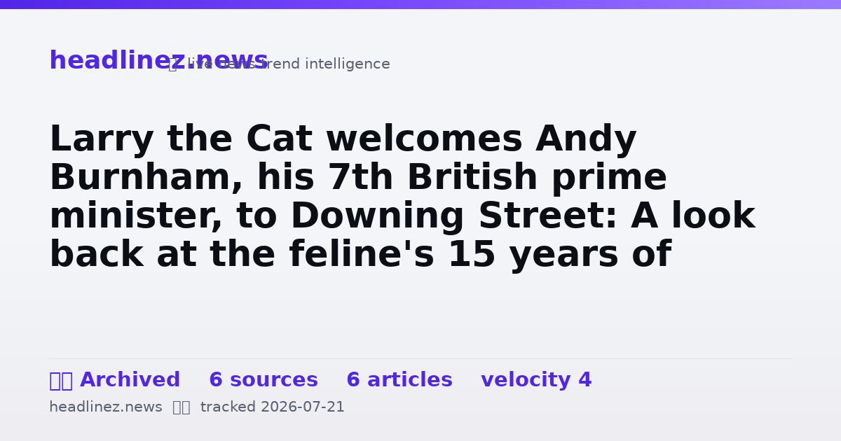 Visual summary for Larry the Cat welcomes Andy Burnham, his 7th British prime minister, to Downing Street: A look back at the feline's 15 years of service in photos