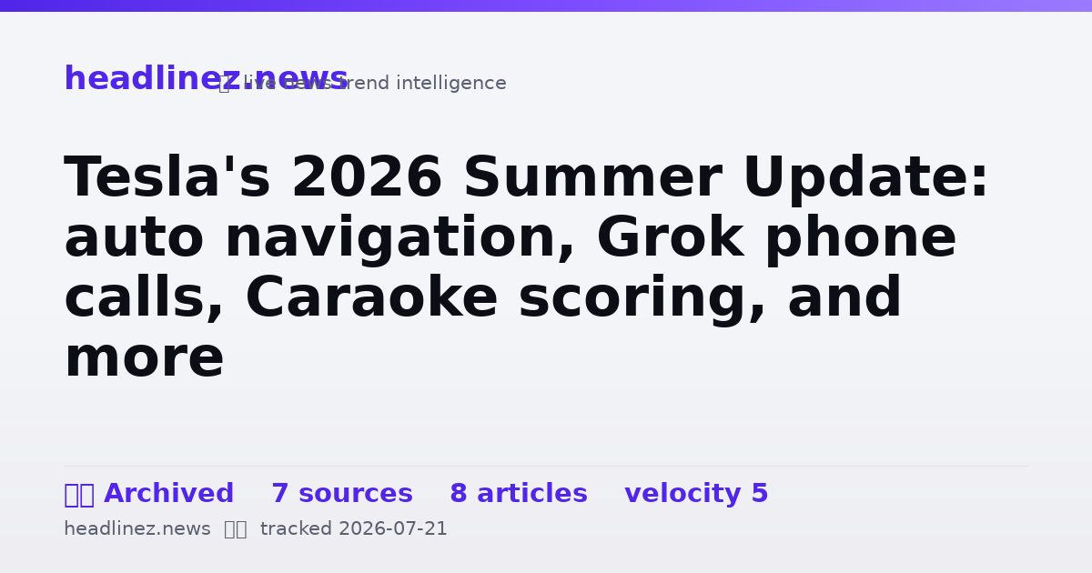 Visual summary for Tesla's 2026 Summer Update: auto navigation, Grok phone calls, Caraoke scoring, and more