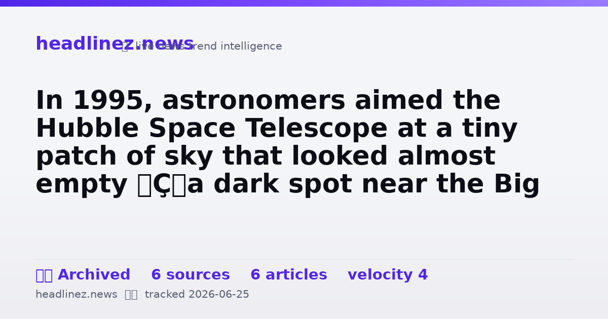 Visual summary for In 1995, astronomers aimed the Hubble Space Telescope at a tiny patch of sky that looked almost empty — a dark spot near the Big Dipper no wider than a pinhead held at arm’s length. After 10 days of exposures, the darkness resolved into roughly 3,000 gala