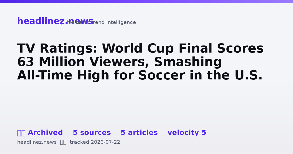 Visual summary for TV Ratings: World Cup Final Scores 63 Million Viewers, Smashing All-Time High for Soccer in the U.S.