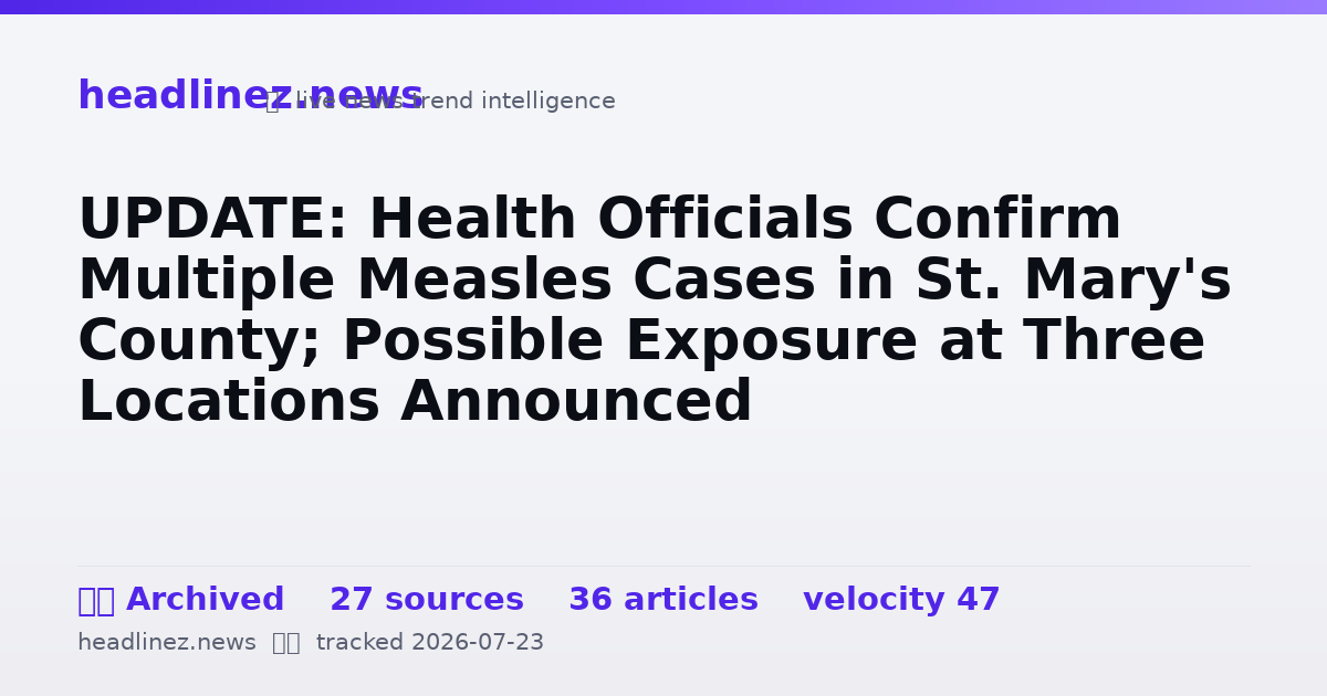 Visual summary for UPDATE: Health Officials Confirm Multiple Measles Cases in St. Mary's County; Possible Exposure at Three Locations Announced