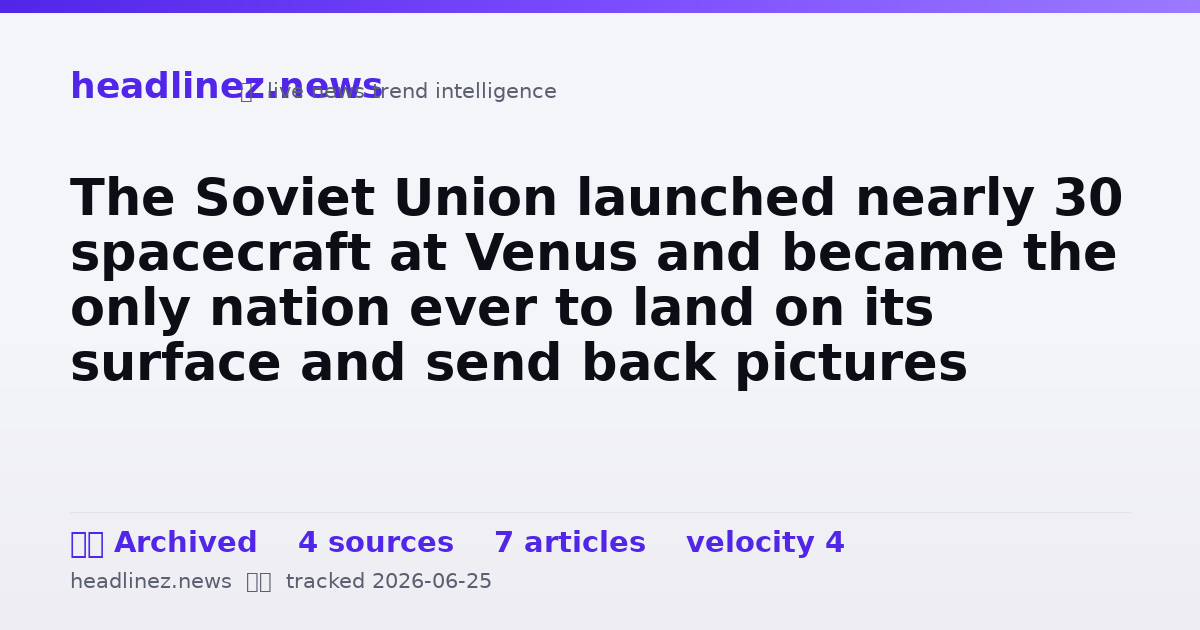 Visual summary for The Soviet Union launched nearly 30 spacecraft at Venus and became the only nation ever to land on its surface and send back pictures — color photographs of a scorched volcanic plain under a yellow-green sky, shot in the few dozen minutes before the heat