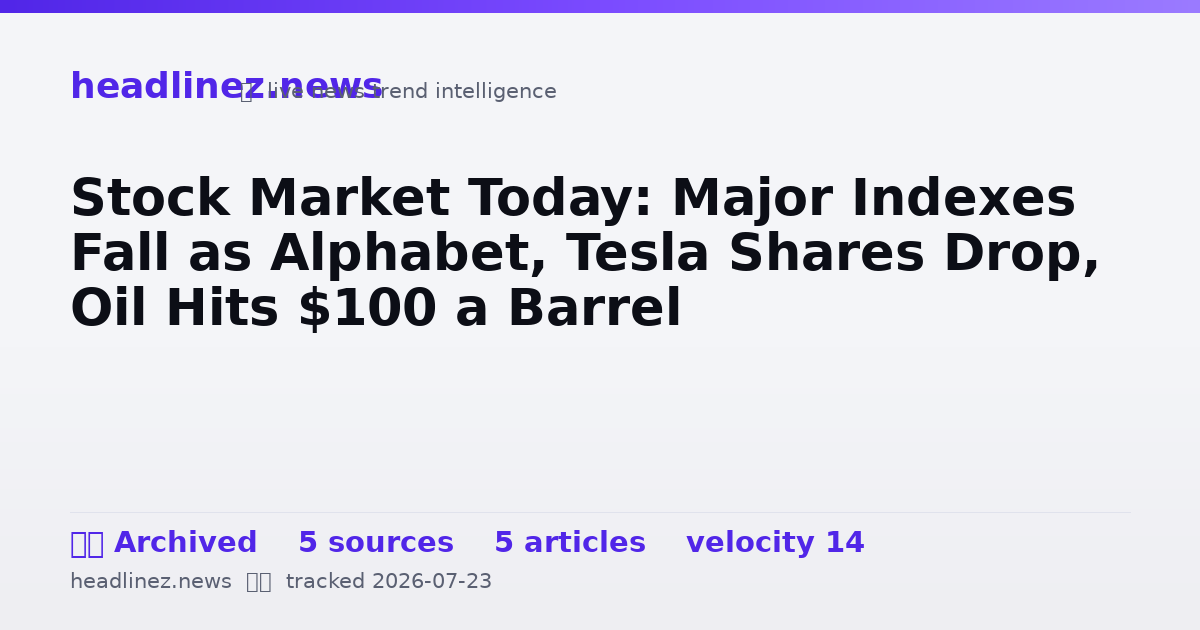 Visual summary for Stock Market Today: Major Indexes Fall as Alphabet, Tesla Shares Drop, Oil Hits $100 a Barrel