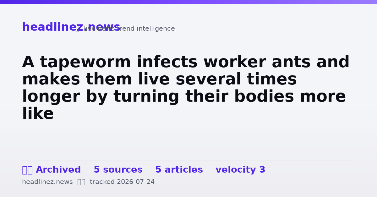 Visual summary for A tapeworm infects worker ants and makes them live several times longer by turning their bodies more like