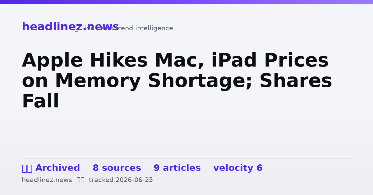 Visual summary for Apple Hikes Mac, iPad Prices on Memory Shortage; Shares Fall