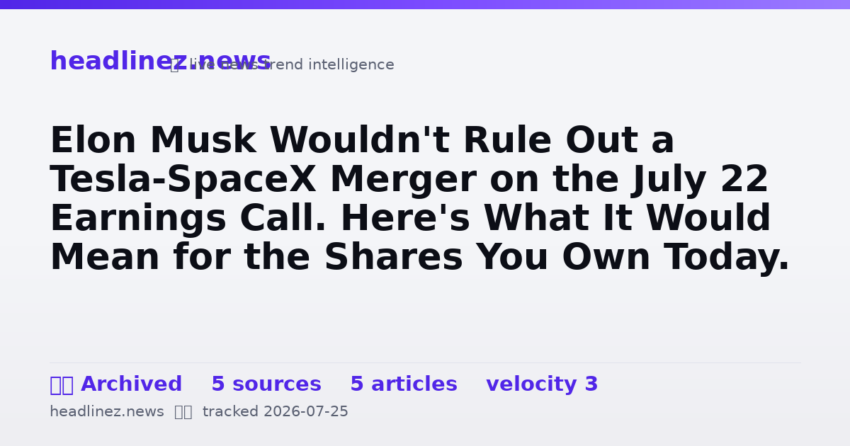 Visual summary for Elon Musk Wouldn't Rule Out a Tesla-SpaceX Merger on the July 22 Earnings Call. Here's What It Would Mean for the Shares You Own Today.