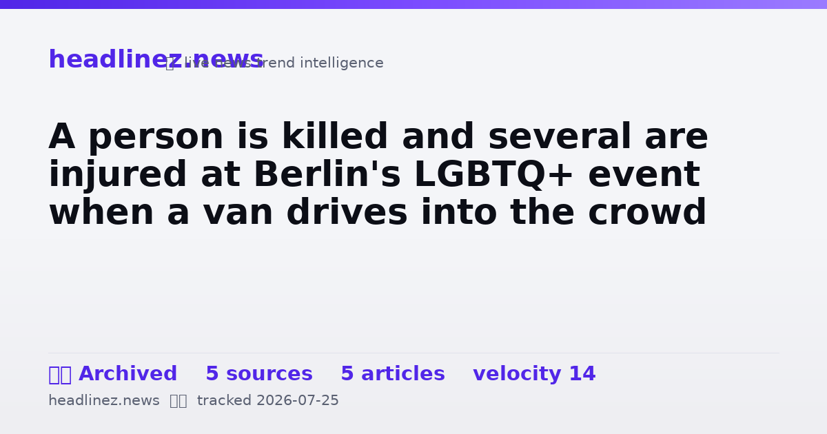 Visual summary for A person is killed and several are injured at Berlin's LGBTQ+ event when a van drives into the crowd