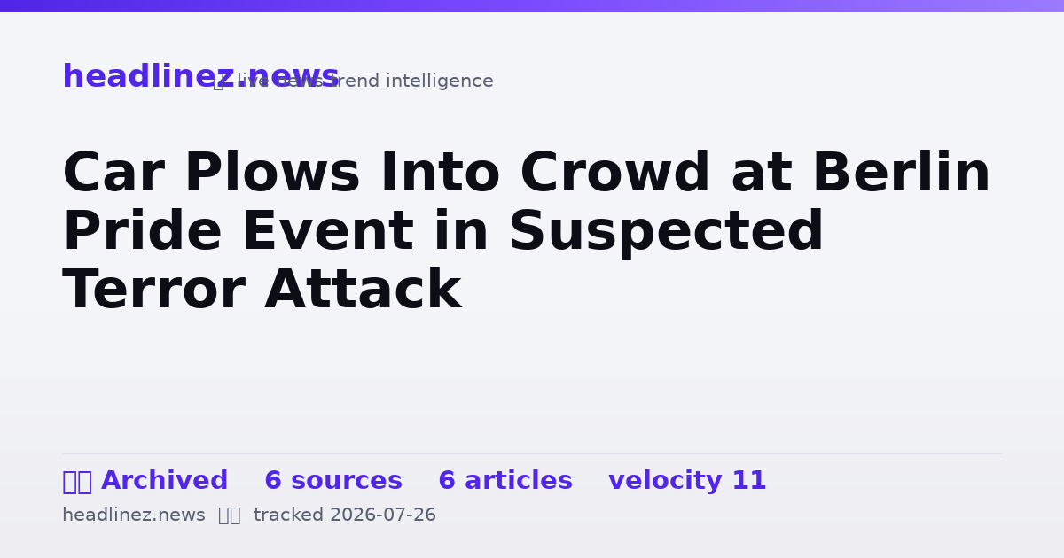 Visual summary for Car Plows Into Crowd at Berlin Pride Event in Suspected Terror Attack