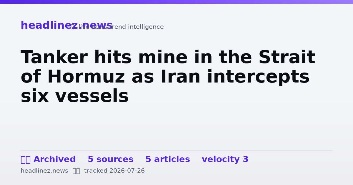 Visual summary for Tanker hits mine in the Strait of Hormuz as Iran intercepts six vessels