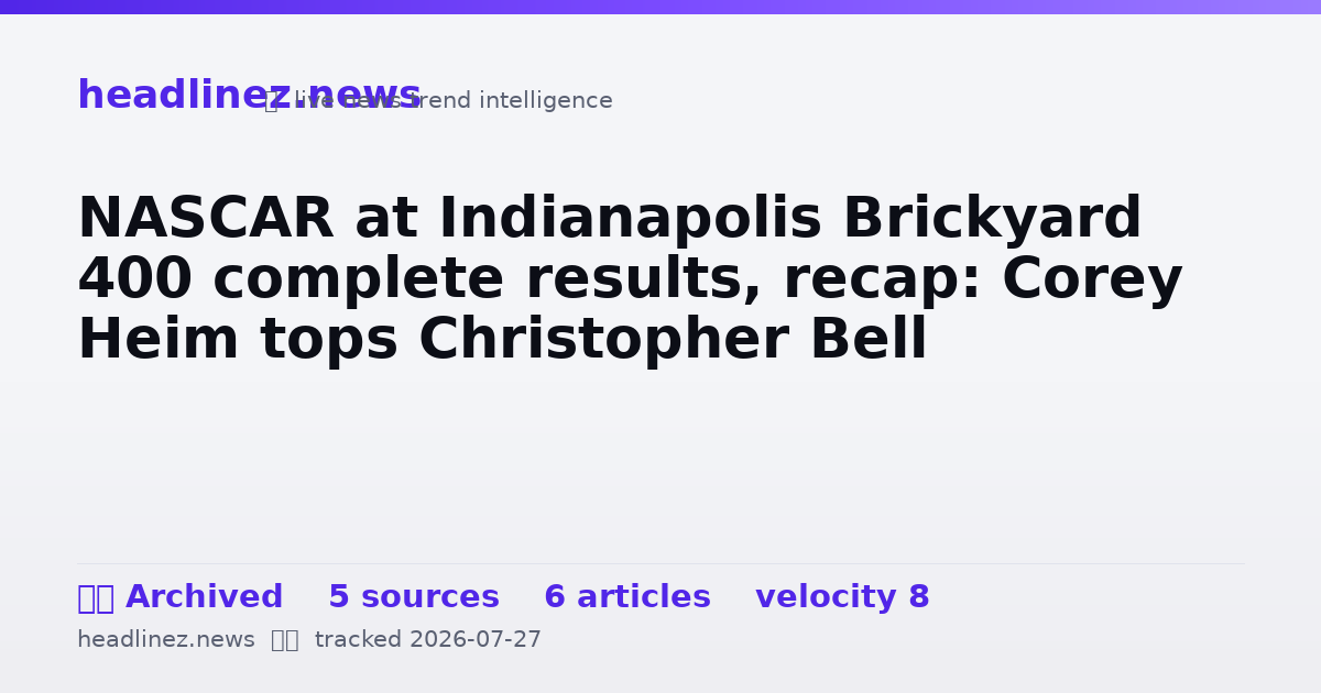 Visual summary for NASCAR at Indianapolis Brickyard 400 complete results, recap: Corey Heim tops Christopher Bell