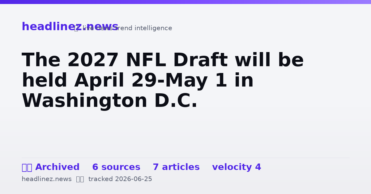 Visual summary for The 2027 NFL Draft will be held April 29-May 1 in Washington D.C.