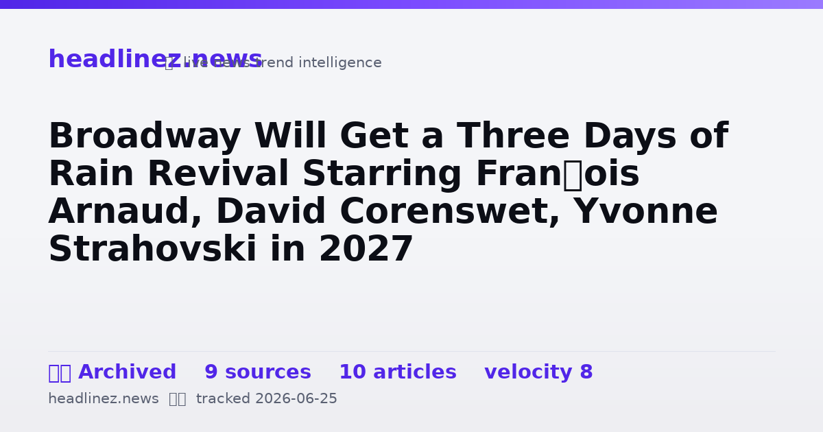 Visual summary for Broadway Will Get a Three Days of Rain Revival Starring François Arnaud, David Corenswet, Yvonne Strahovski in 2027
