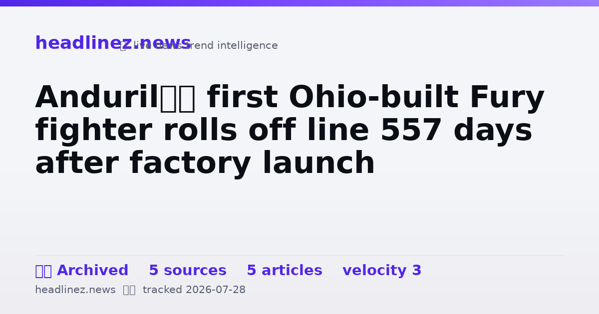 Visual summary for Anduril’s first Ohio-built Fury fighter rolls off line 557 days after factory launch