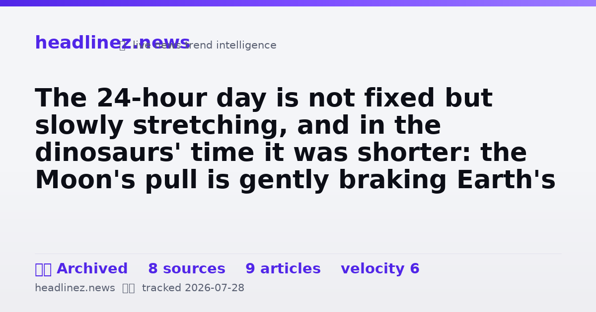 Visual summary for The 24-hour day is not fixed but slowly stretching, and in the dinosaurs' time it was shorter: the Moon's pull is gently braking Earth's spin, so a day back then ran about 23.5 hours, and far shorter deeper in the past