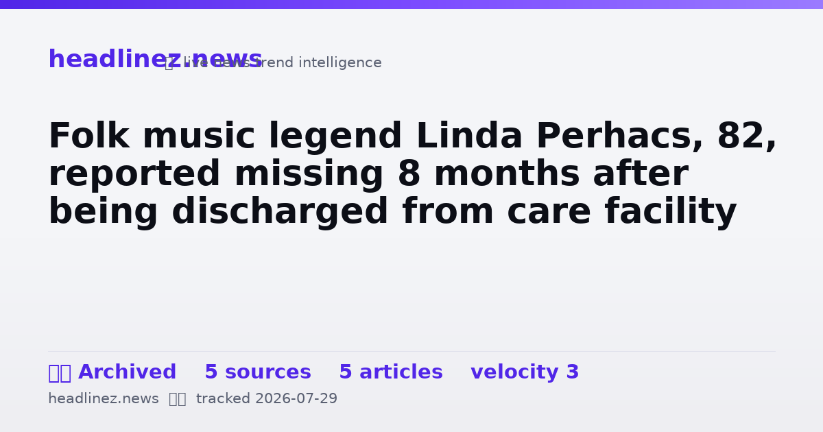 Visual summary for Folk music legend Linda Perhacs, 82, reported missing 8 months after being discharged from care facility