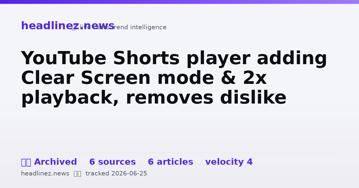 Visual summary for YouTube Shorts player adding Clear Screen mode & 2x playback, removes dislike