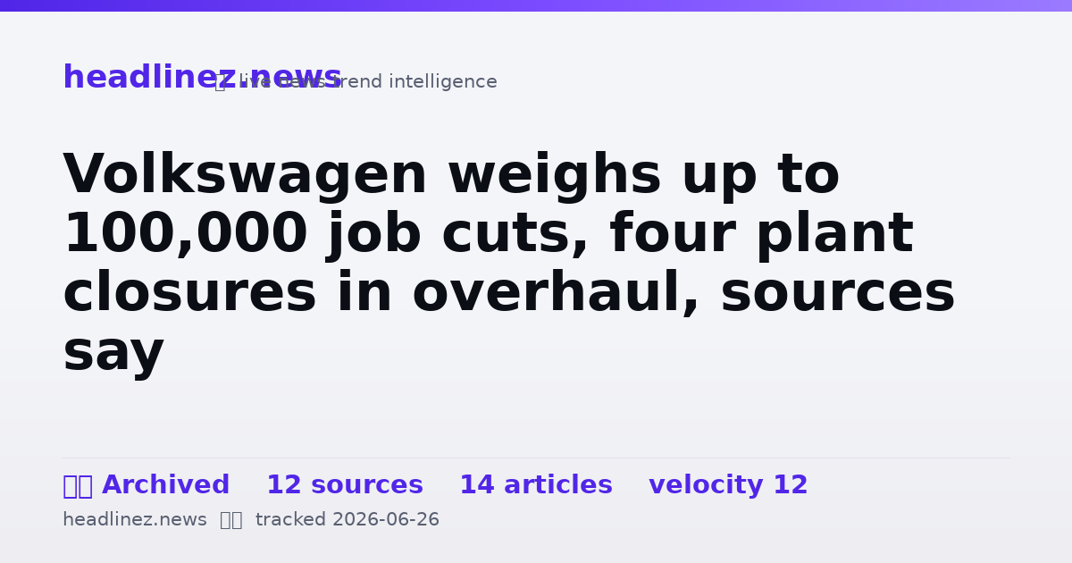 Visual summary for Volkswagen weighs up to 100,000 job cuts, four plant closures in overhaul, sources say