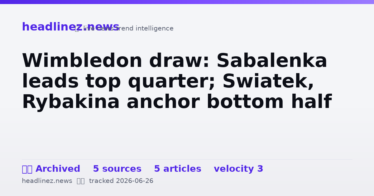 Visual summary for Wimbledon draw: Sabalenka leads top quarter; Swiatek, Rybakina anchor bottom half