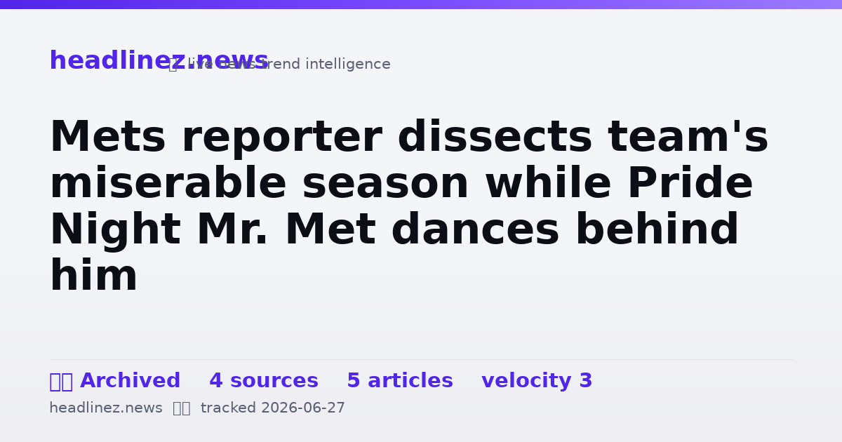 Visual summary for Mets reporter dissects team's miserable season while Pride Night Mr. Met dances behind him