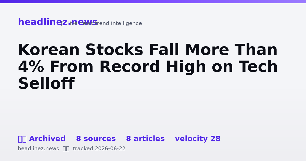 Visual summary for Korean Stocks Fall More Than 4% From Record High on Tech Selloff
