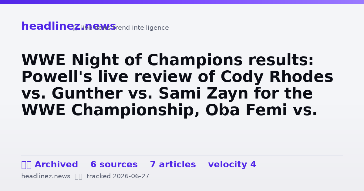 Visual summary for WWE Night of Champions results: Powell's live review of Cody Rhodes vs. Gunther vs. Sami Zayn for the WWE Championship, Oba Femi vs. Jey Uso, and Iyo Sky vs. Liv Morgan in the KQOTR finals