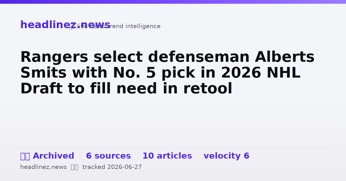 Visual summary for Rangers select defenseman Alberts Smits with No. 5 pick in 2026 NHL Draft to fill need in retool