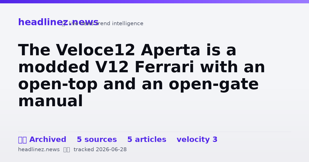 Visual summary for The Veloce12 Aperta is a modded V12 Ferrari with an open-top and an open-gate manual