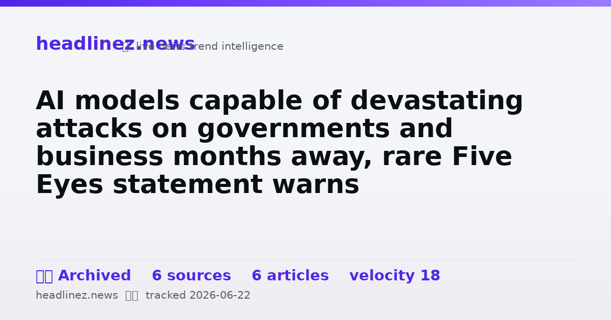Visual summary for AI models capable of devastating attacks on governments and business months away, rare Five Eyes statement warns