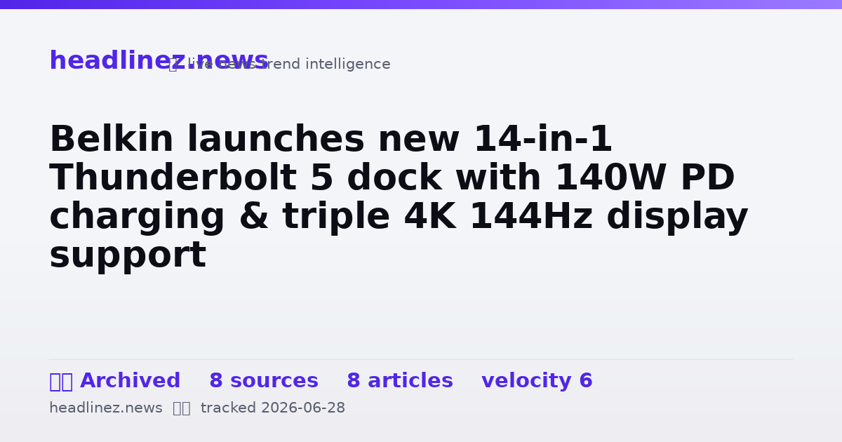Visual summary for Belkin launches new 14-in-1 Thunderbolt 5 dock with 140W PD charging & triple 4K 144Hz display support